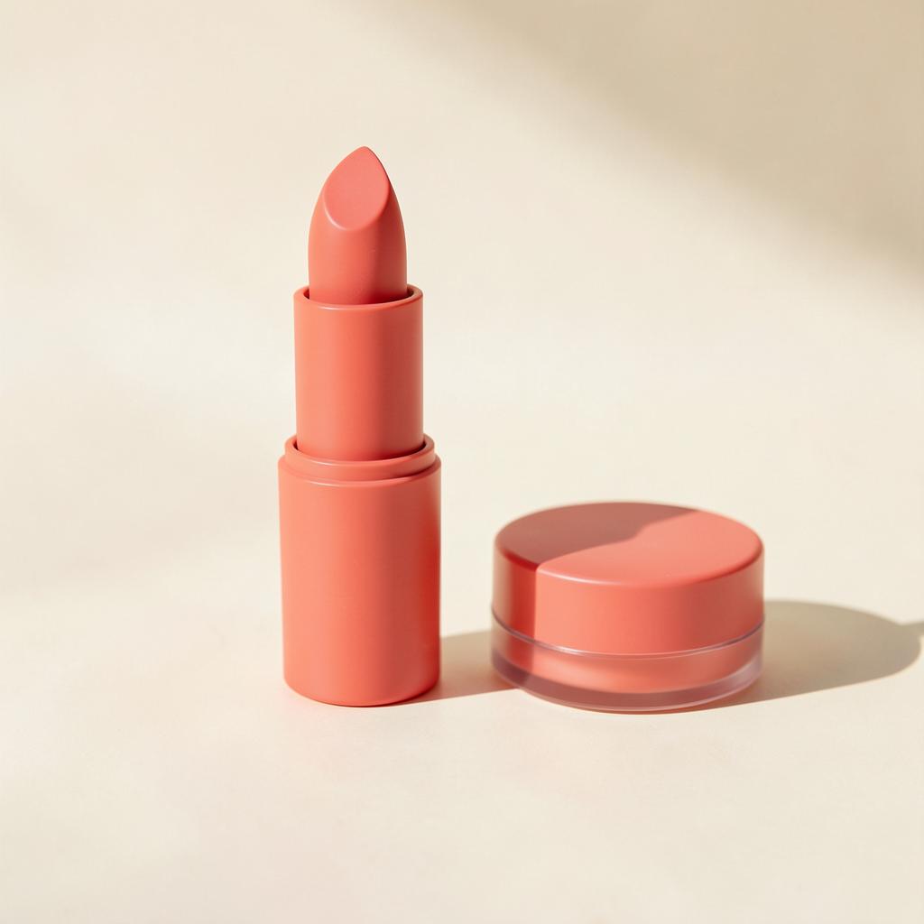 Coral lipstick and compact from the cosmetics range